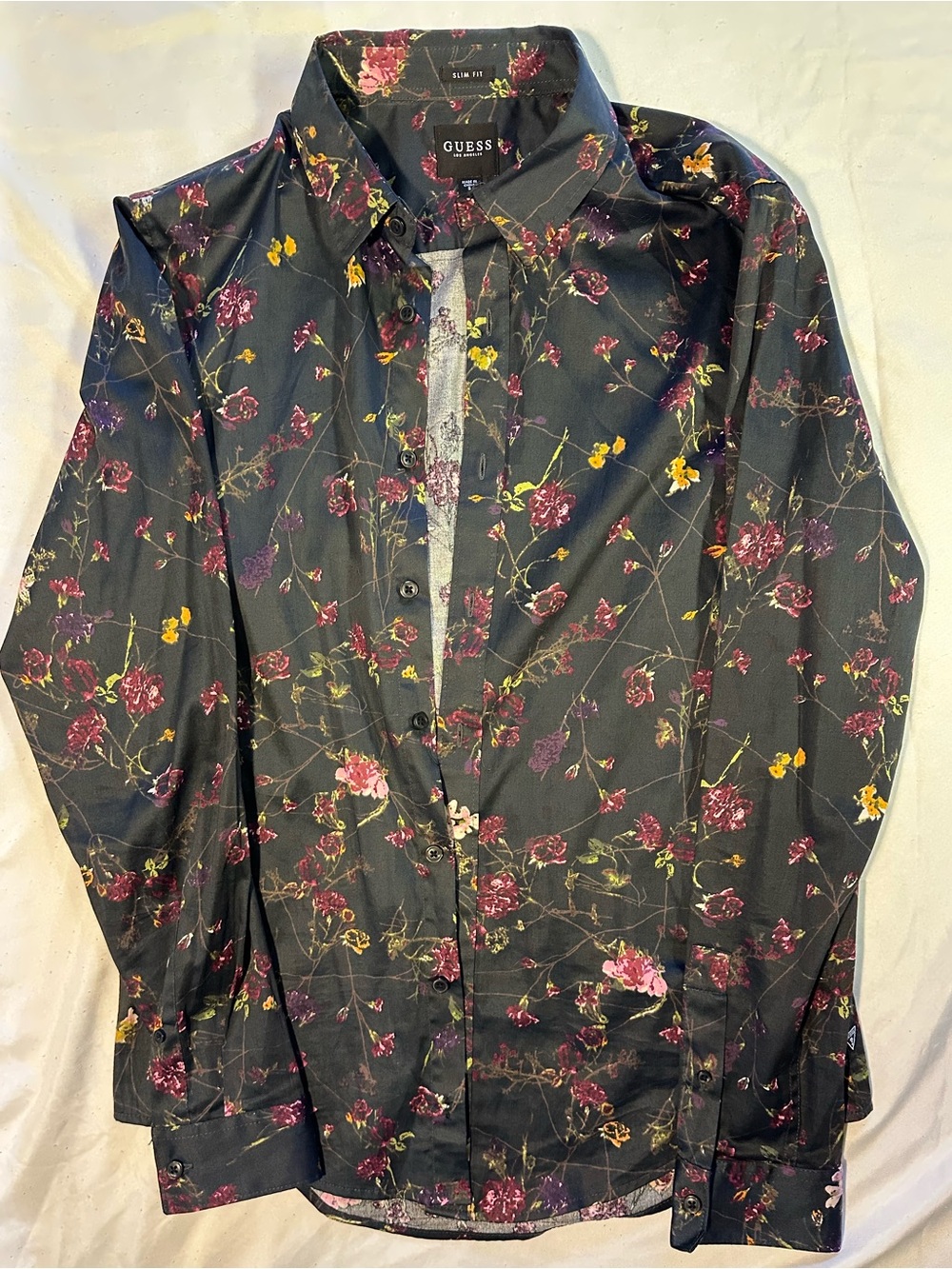 GUESS Black Floral Slim-Fit Shirt with Pink and Yellow Accents